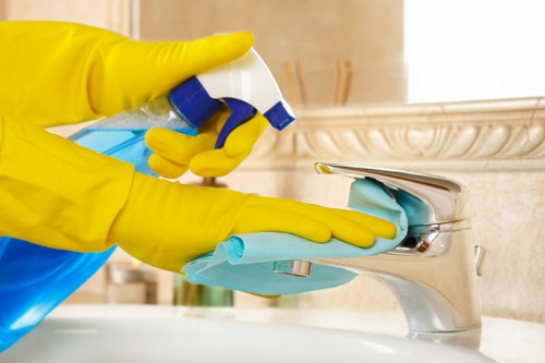 Cleaner using labelled products and protective equipment safely