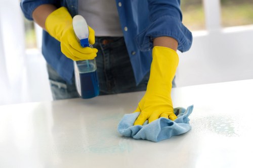 Cleaner working with care while following health and safety controls