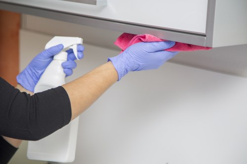 Cleaning tools and protective equipment stored safely